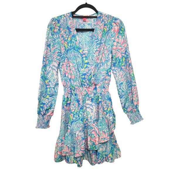 Lilly Pulitzer Blue Pink Cristiana Wrap Style Mini Dress Size 4 Full Bloom - Picture 1 of 10